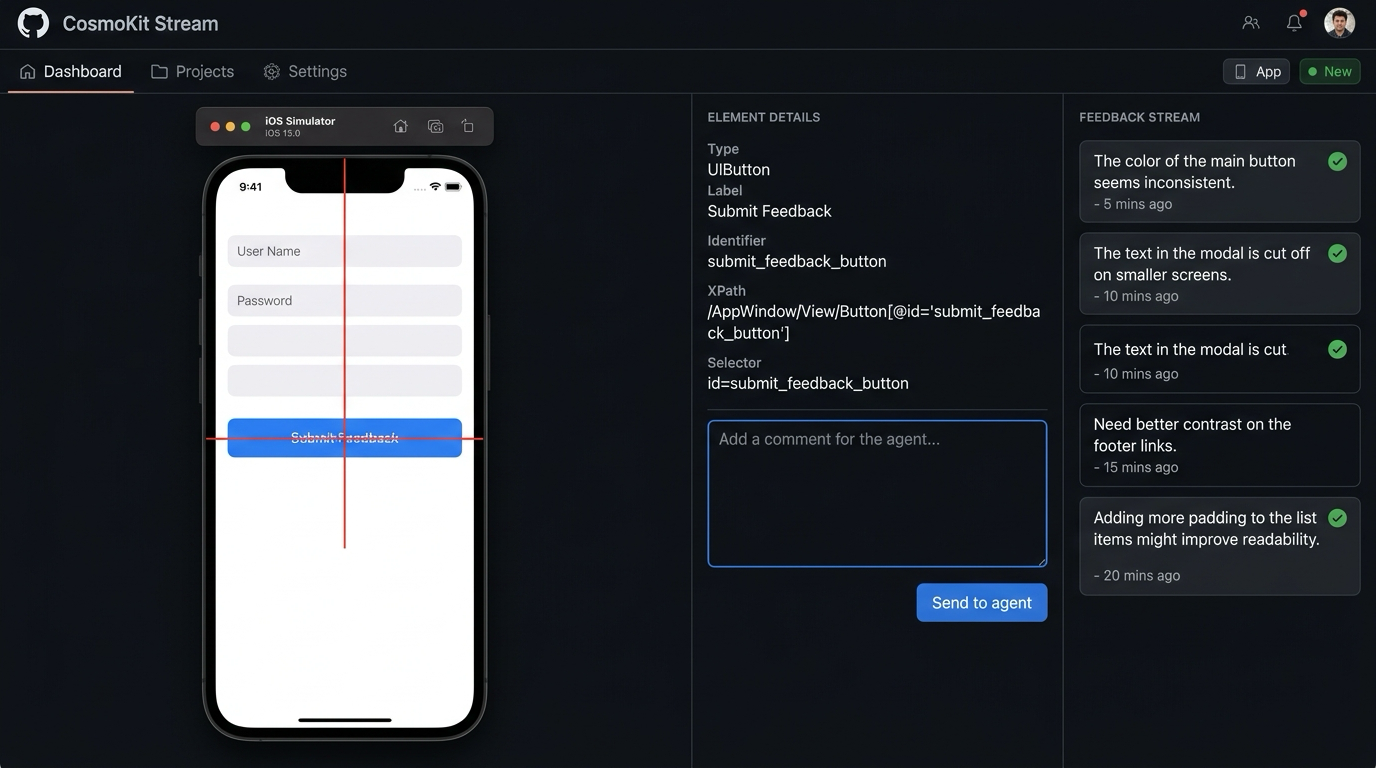 CosmoKit Stream showing an iOS Simulator, element details, and agent feedback